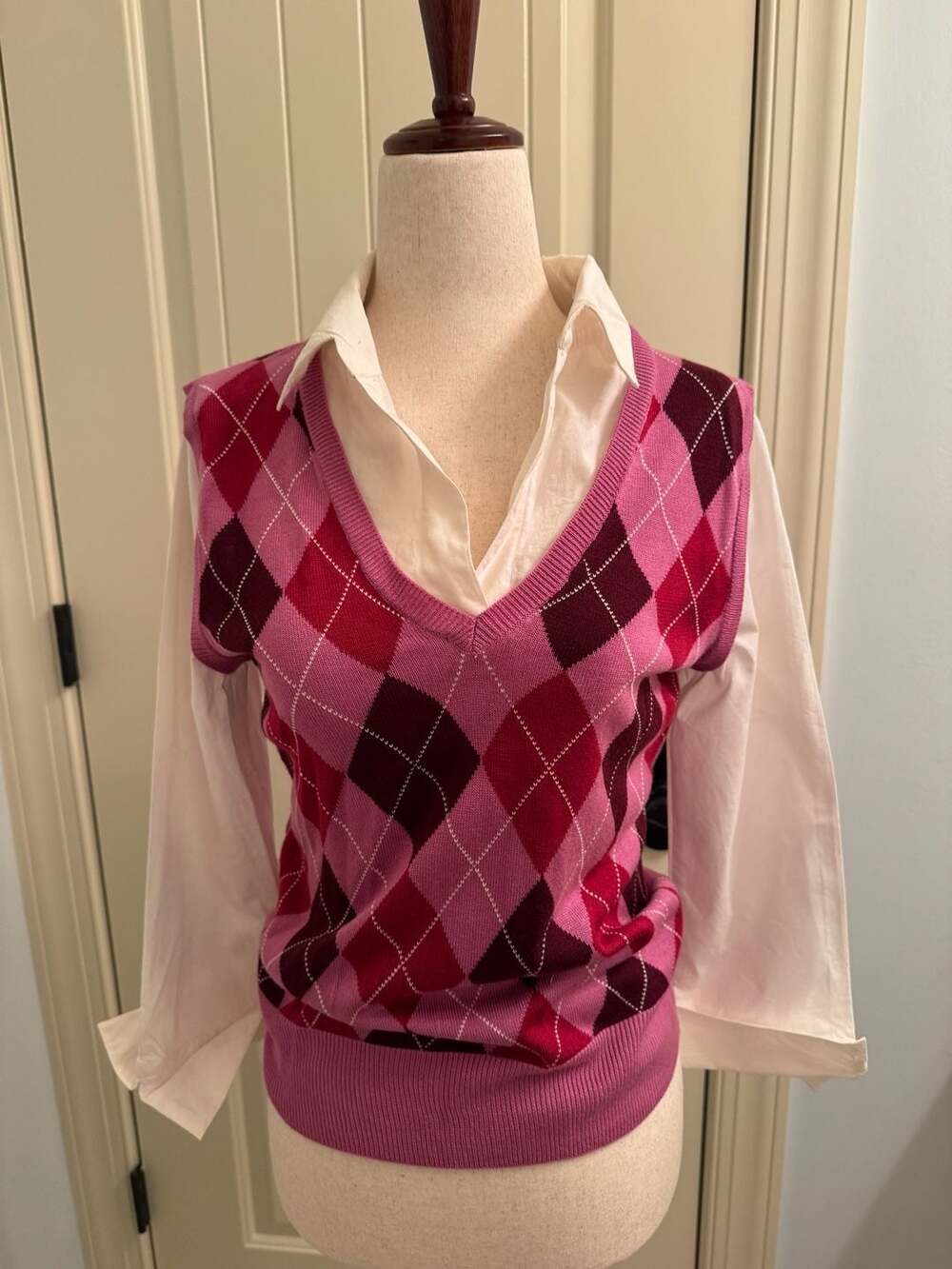 Y2K Pink Argyle Sweater Vest With Built in Blouse by New York & Company Size sma